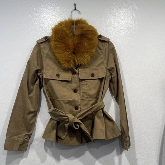 J Crew Peplum Chino Jacket Faux Fur Collar Ridge Khaki Style# H1641 Belted Funky - Picture 4 of 10